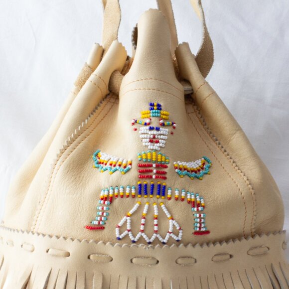 Vgt Native American Beaded Hopi Kachina Medium Leather Bucket Handbag Purse Bag - Picture 3 of 7